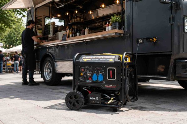 Gerador elétrico para food truck em funcionamento junto a uma food truck ao ar livre
